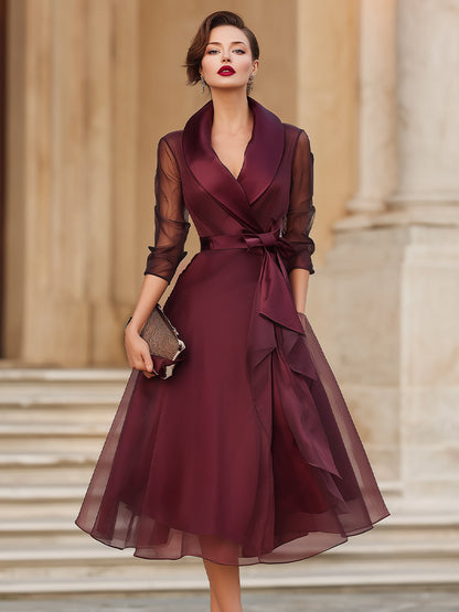 midi cocktail wrap dress Elegant Wrap Midi Dress With Sheer Sleeves VOS LEE
