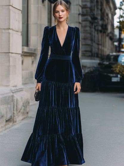 Navy Blue Velvet Tiered Maxi Dress