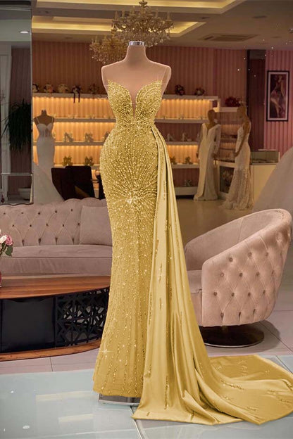 Gorgeous Gold Sweetheart Sleeveless Mermaid Evening Dress Ruffles With Rhinestone Beading