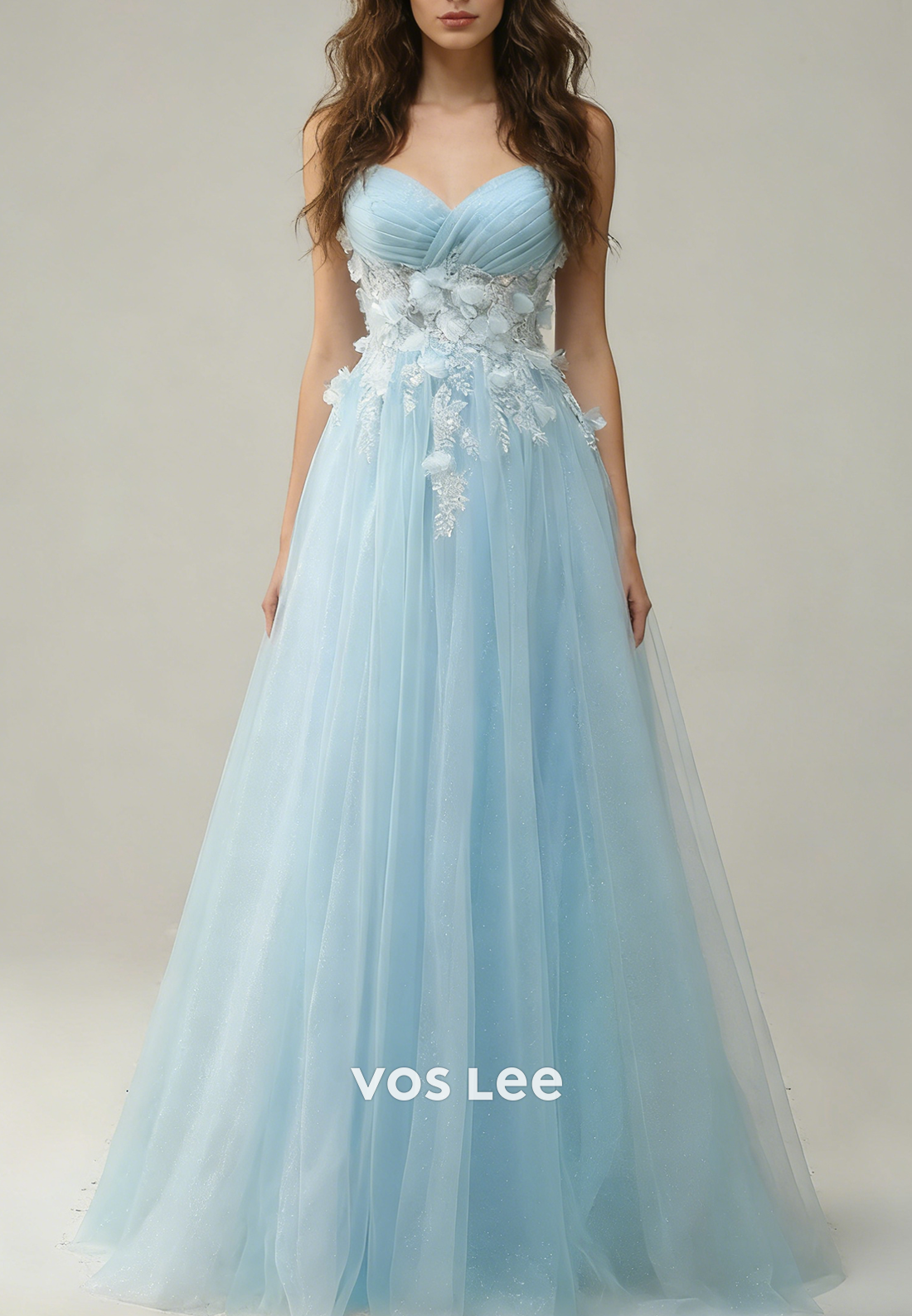 Spaghetti Straps A Line Blue Tulle Long Prom Dresses With Flowers Appliques