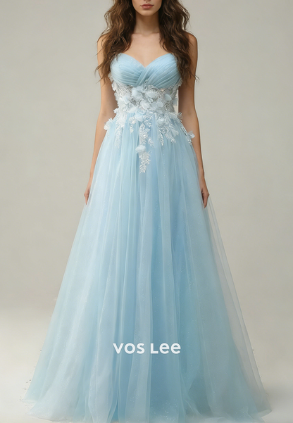 Spaghetti Straps A Line Blue Tulle Long Prom Dresses With Flowers Appliques