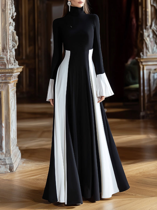 Black And White Contrast Panel Evening Gown With Flared Sleeves