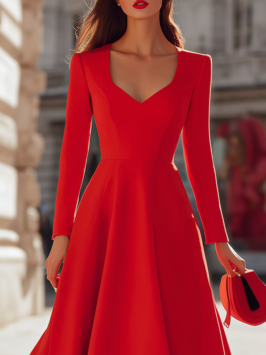 Elegant Red V - Neck Midi Fit - And - Flare Dress