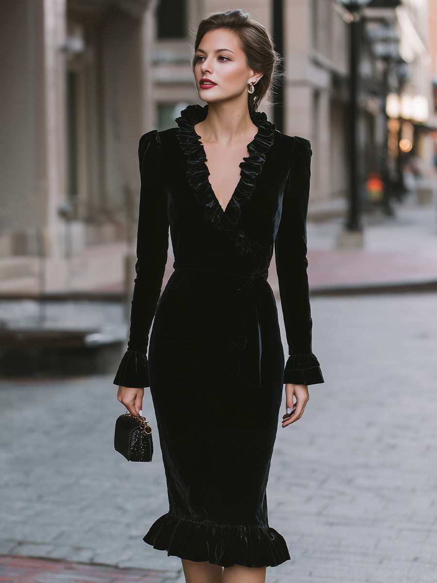 Elegant Black Velvet Ruffled Wrap Dress
