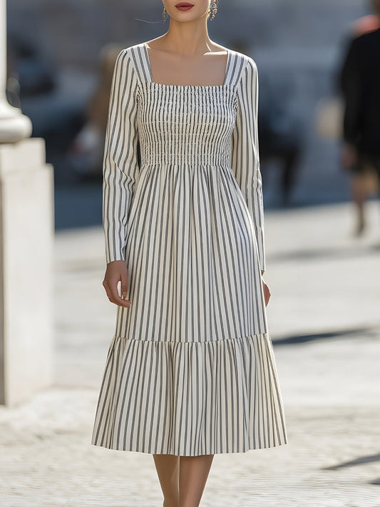 Striped Smocked Bodice Midi Dress