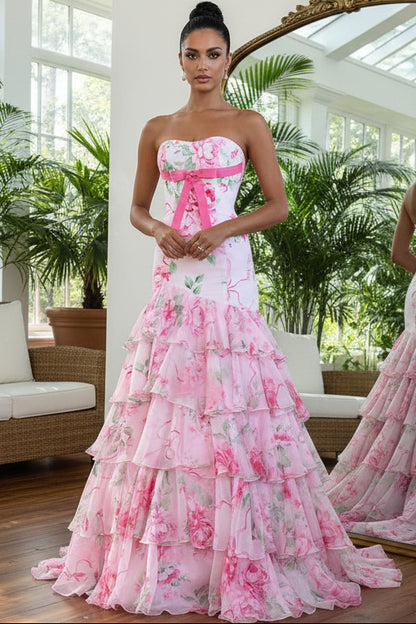 Mermaid Strapless Pink Floral Chiffon Prom Dress