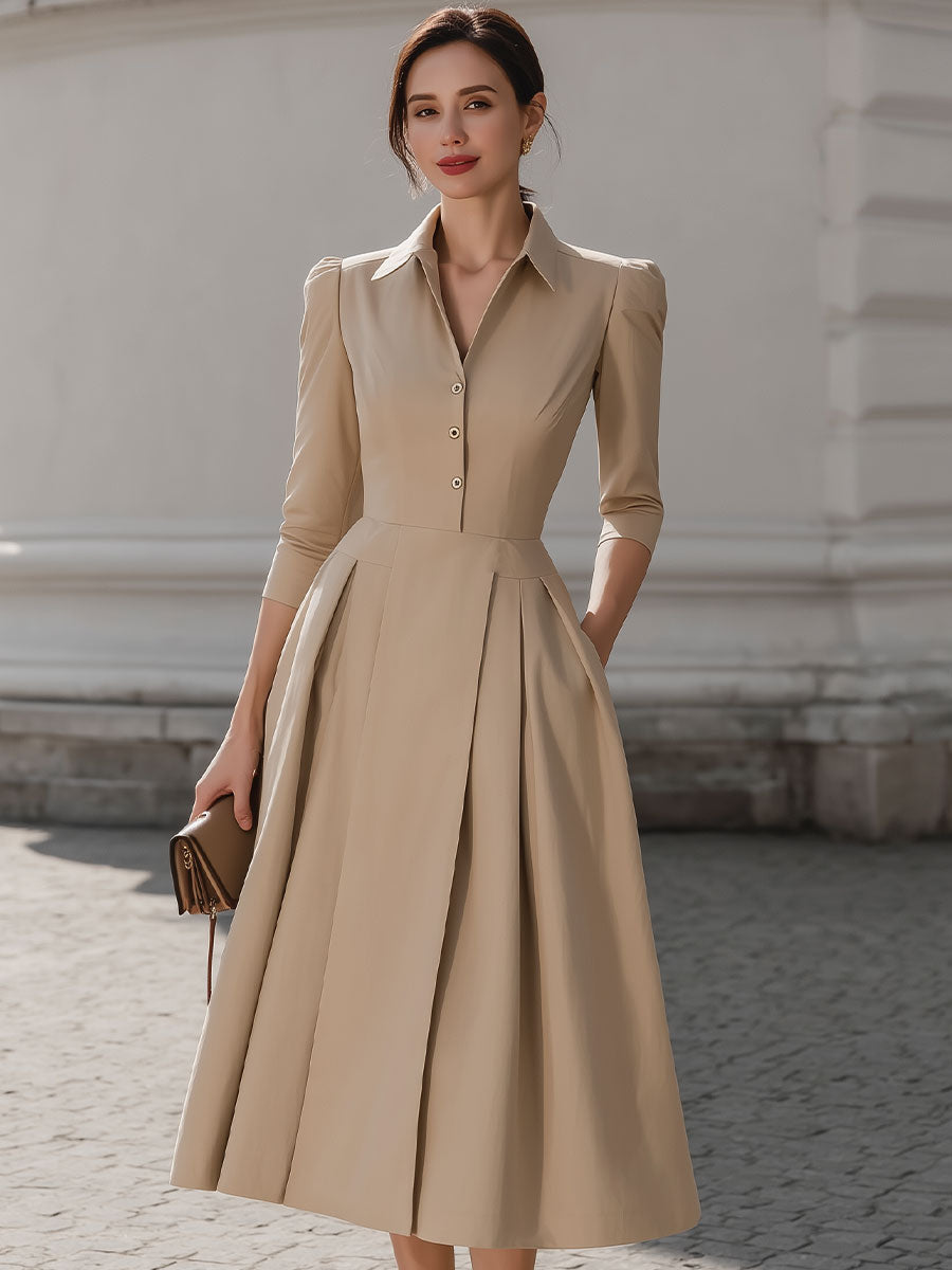 Beige Shirt-Collar Pleated Midi Dress