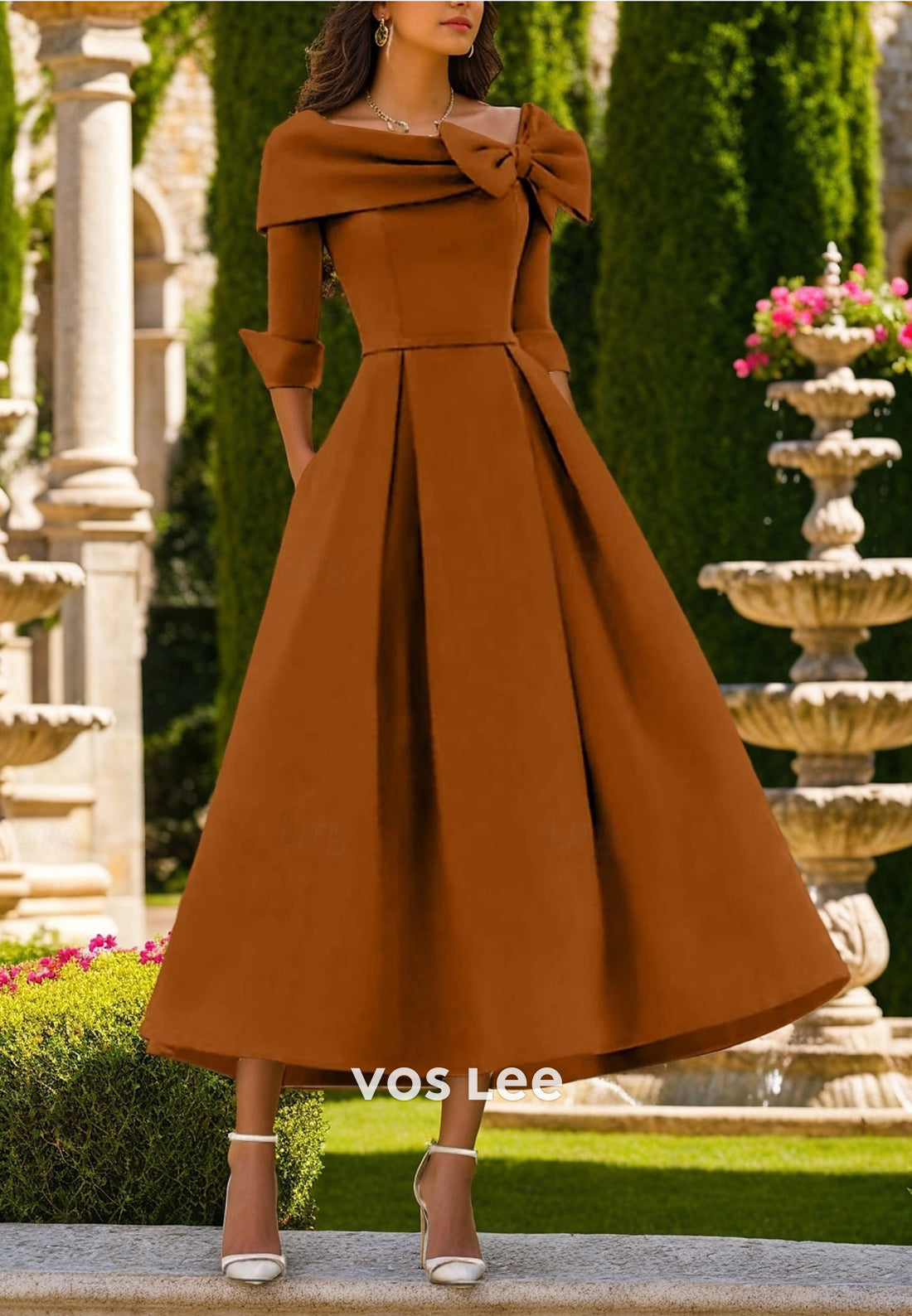 A-Line Half Sleeve Scoop Bowknot Pleated Evening Dresses