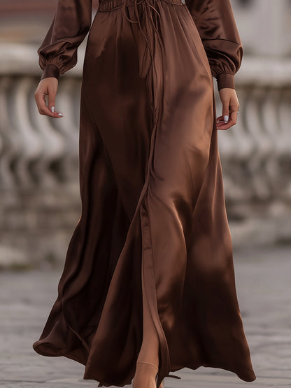VOS LEE Satin Cinched Waist Maxi Dress In Mocha Brown