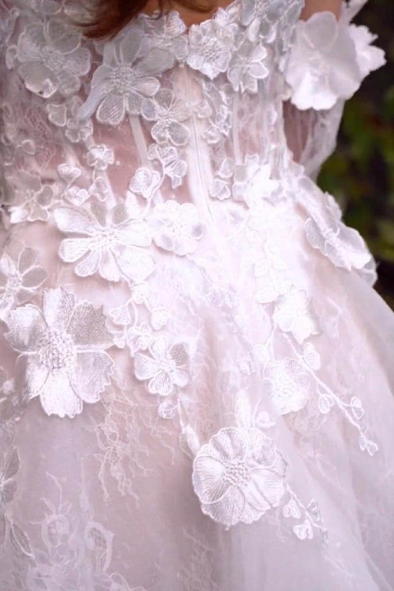 3D Floral Applique Strapless Tulle Mini Wedding Dress with Detachable Sleeves