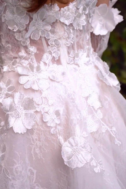 3D Floral Applique Strapless Tulle Mini Wedding Dress with Detachable Sleeves