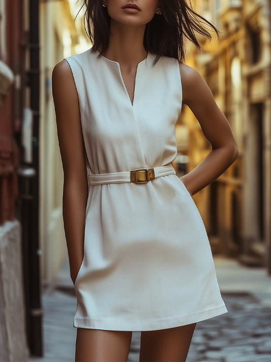 Ivory Belted Sleeveless Mini Dress Wedding Guest Dresses