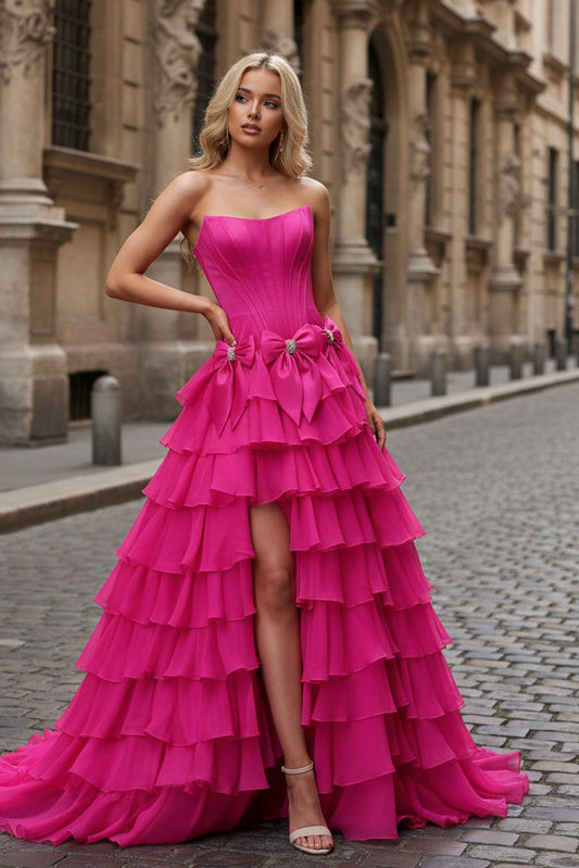 Fuchsia Scoop Neck A Line Chiffon Tiered Prom Dresses With Bowknot