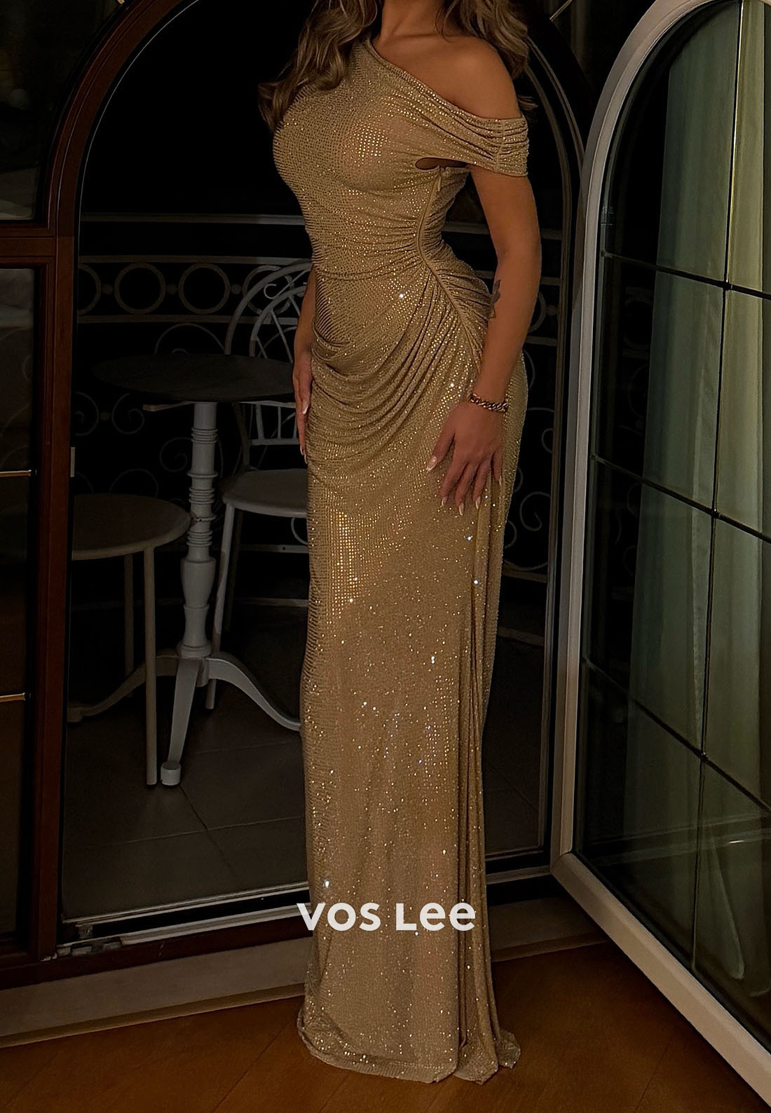 Off-Shoulder Sleeveless Mermaid Prom Dress Fully Beaded Pleated Evening Gowns