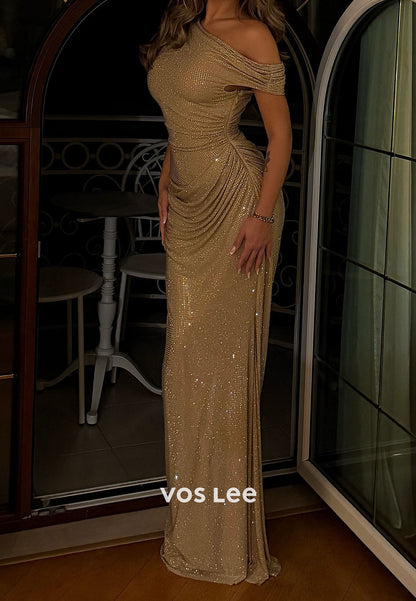 Off-Shoulder Sleeveless Mermaid Prom Dress Fully Beaded Pleated Evening Gowns