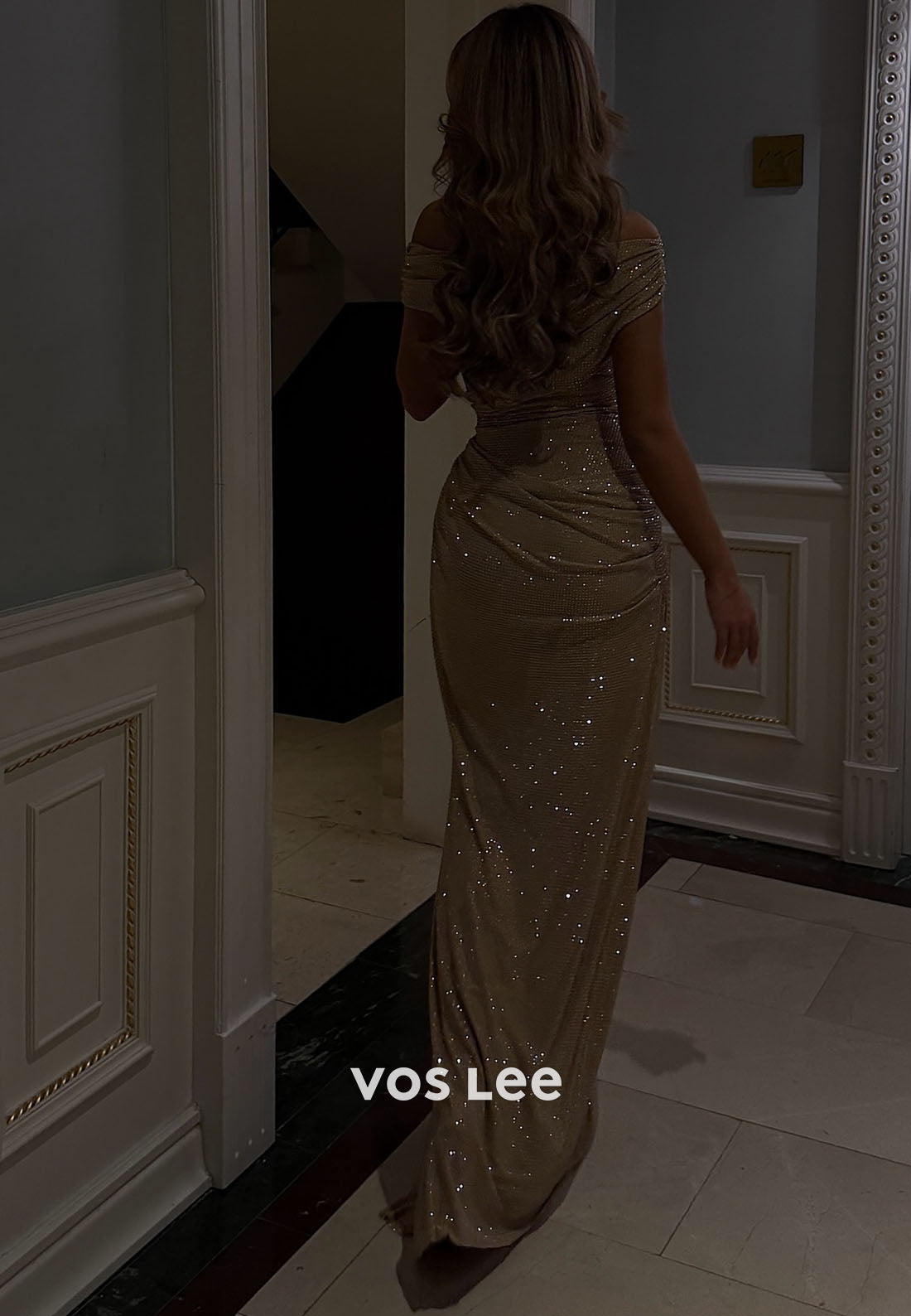 Off-Shoulder Sleeveless Mermaid Prom Dress Fully Beaded Pleated Evening Gowns