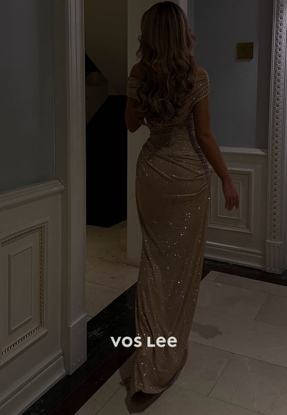 Off-Shoulder Sleeveless Mermaid Prom Dress Fully Beaded Pleated Evening Gowns