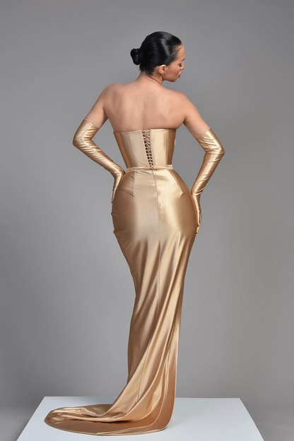Champagne Evening Dress Half Sleeves With Pleated High Split