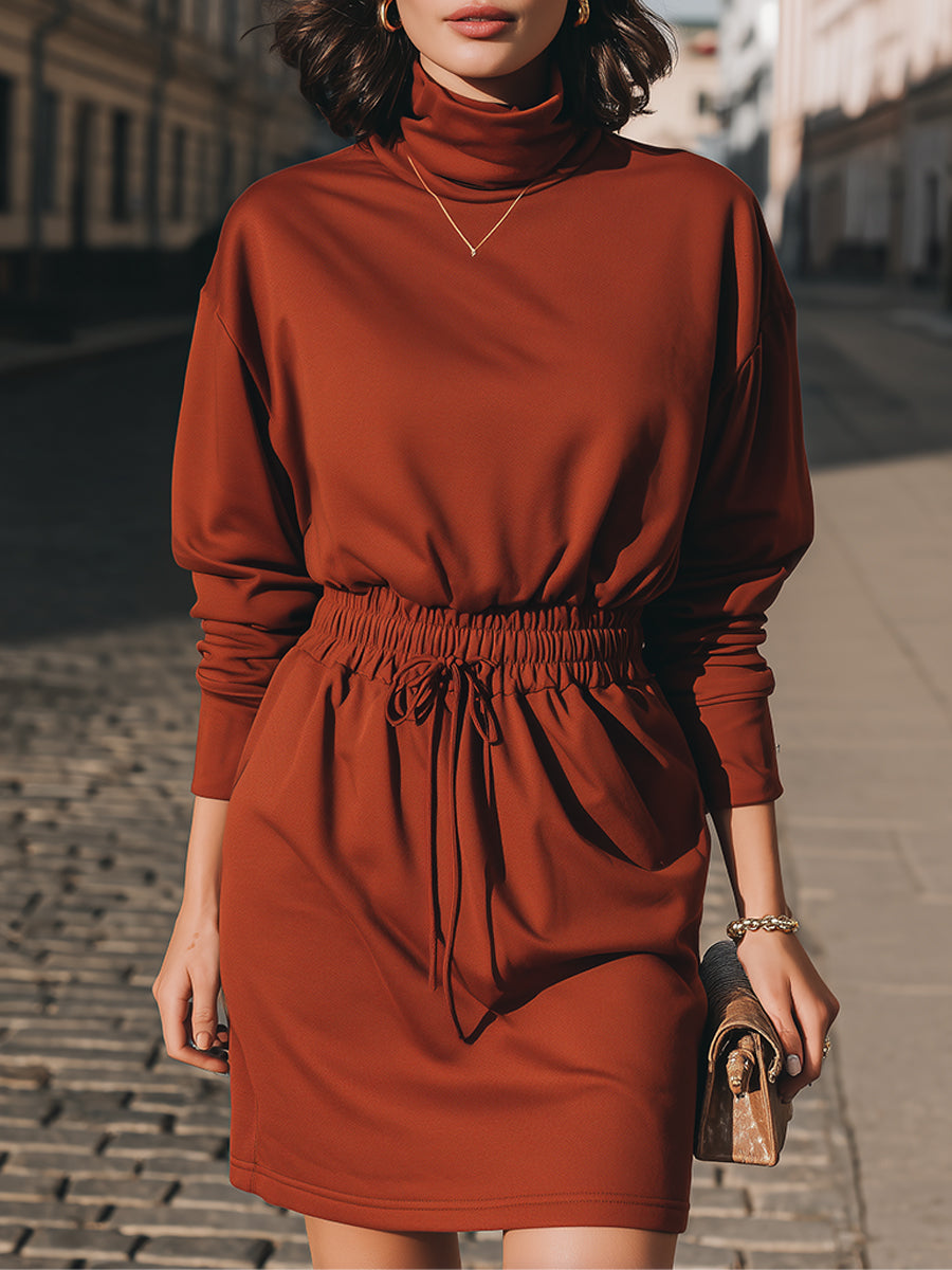Chic Rust Turtleneck Smocked - Waist Dress