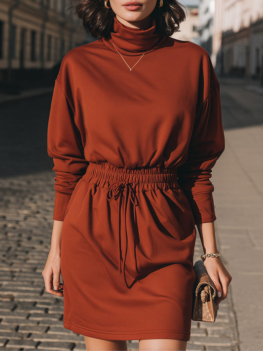 Chic Rust Turtleneck Smocked - Waist Dress