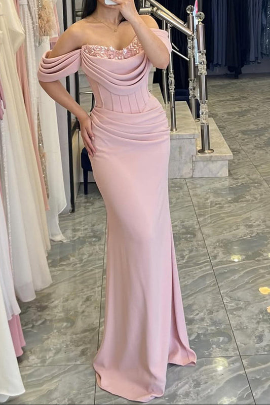 Pink Off-the-Shoulder Sweetheart Evening Dress Mermaid Long With Pleats Beadings