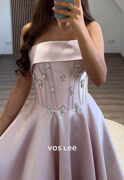 Beaded Crystal Strapless A-Line Satin Homecoming Evening Prom Dress Ball Gown