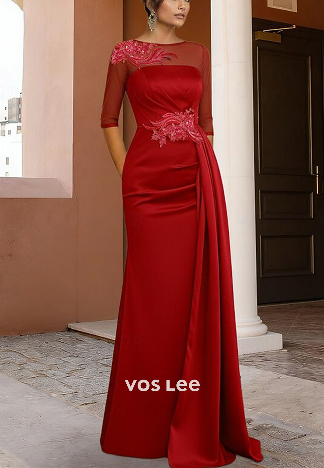 Black Satin Evening Gown with Gold Embroidery and Illusion Sleeves