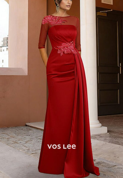 Black Satin Evening Gown with Gold Embroidery and Illusion Sleeves