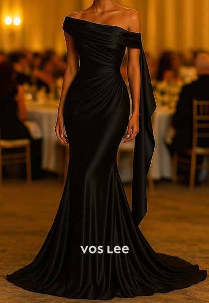 Off the Shoulder Satin Mermaid Pleat Evening Dress