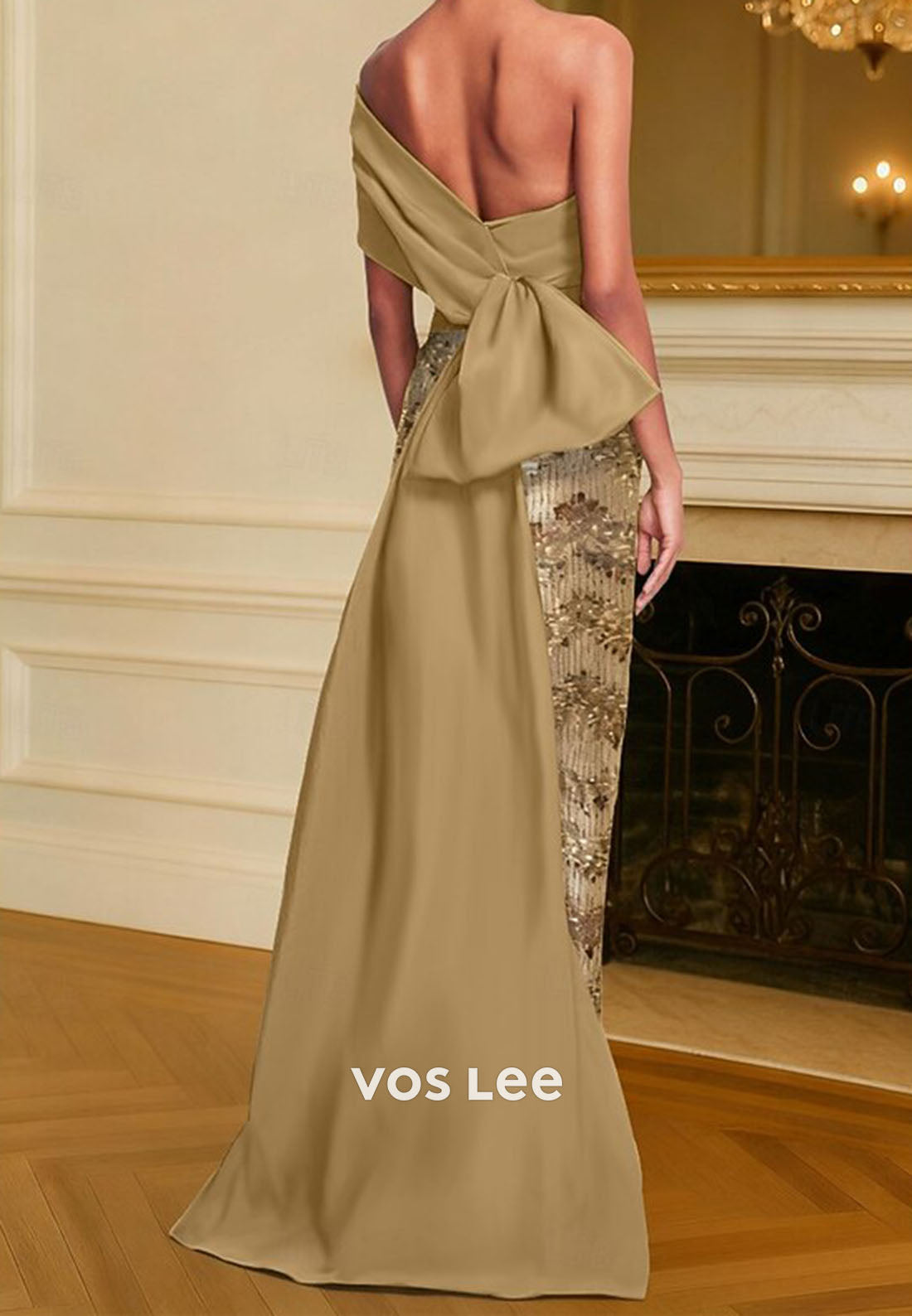 Off Shoulder Sheath Backless Sequins Evening Dress With train