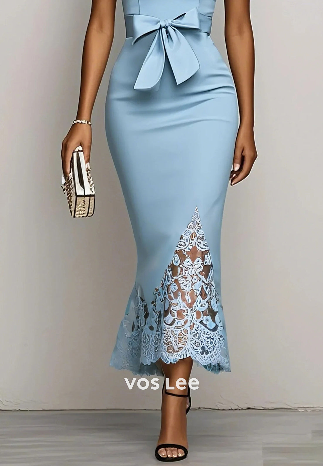 Sky Blue Sweetheart Bowknot Tea-Length Lace Mermaid Wedding Guest Dresses