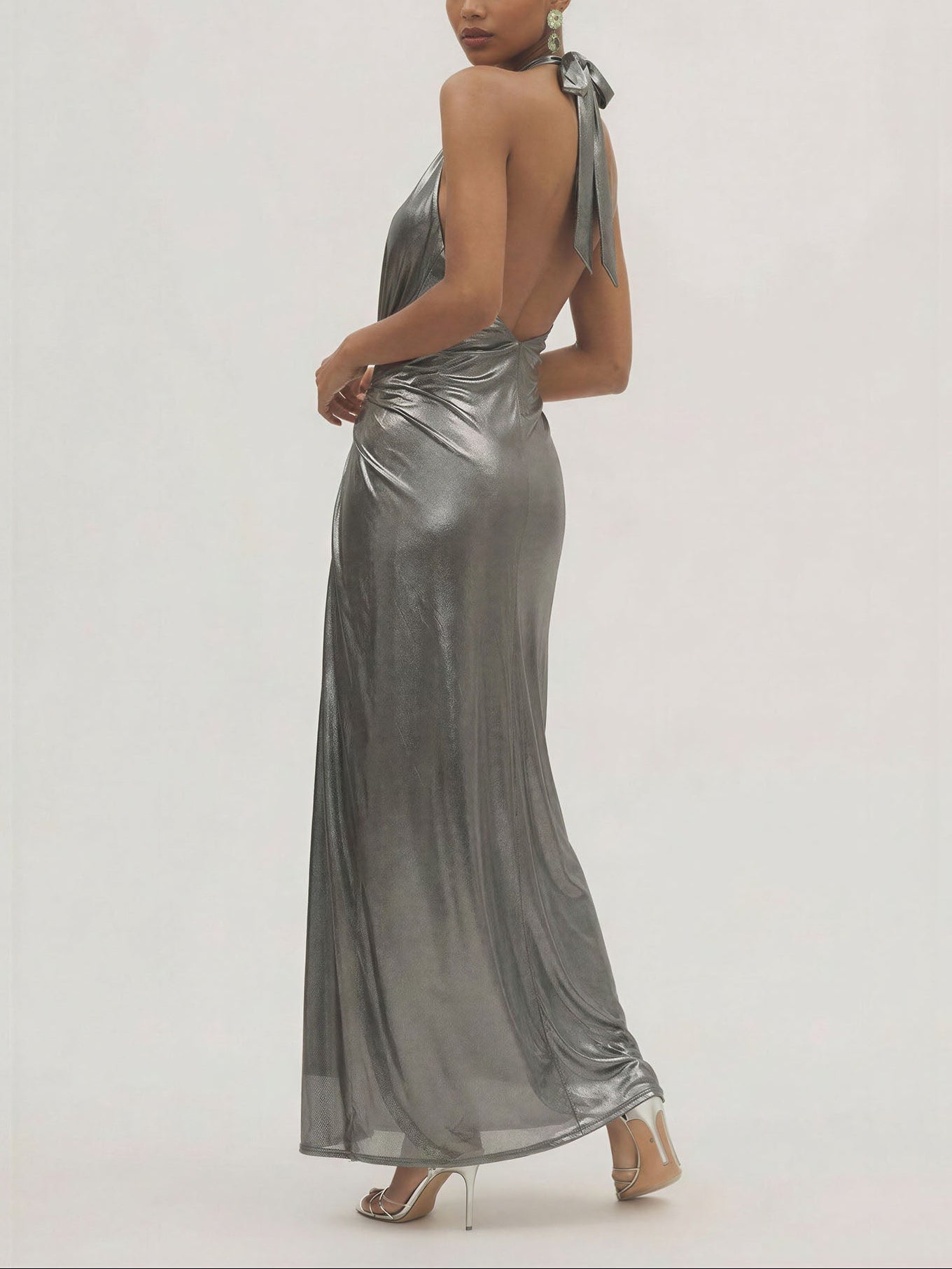Wrap Front Halter Neck Metallic Gown