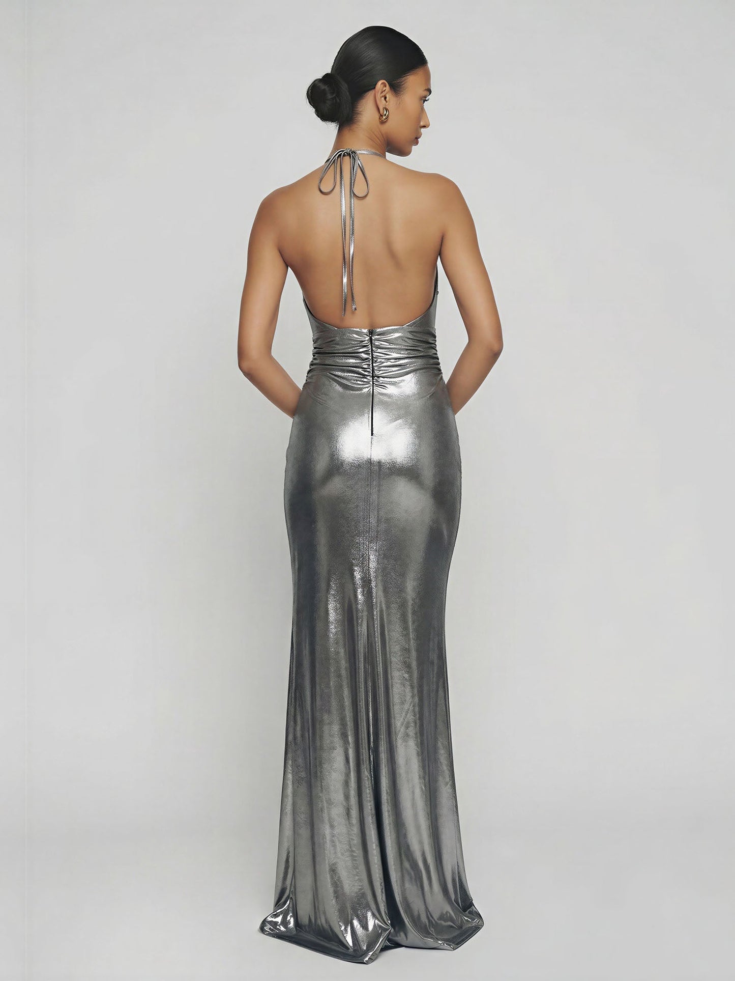 Halter Neck Twist Metallic Slit Gown