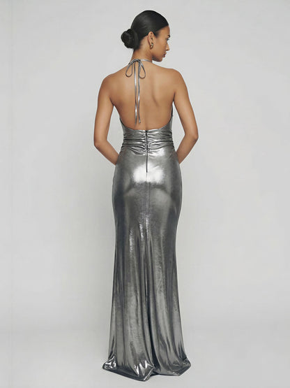 Halter Neck Twist Metallic Slit Gown