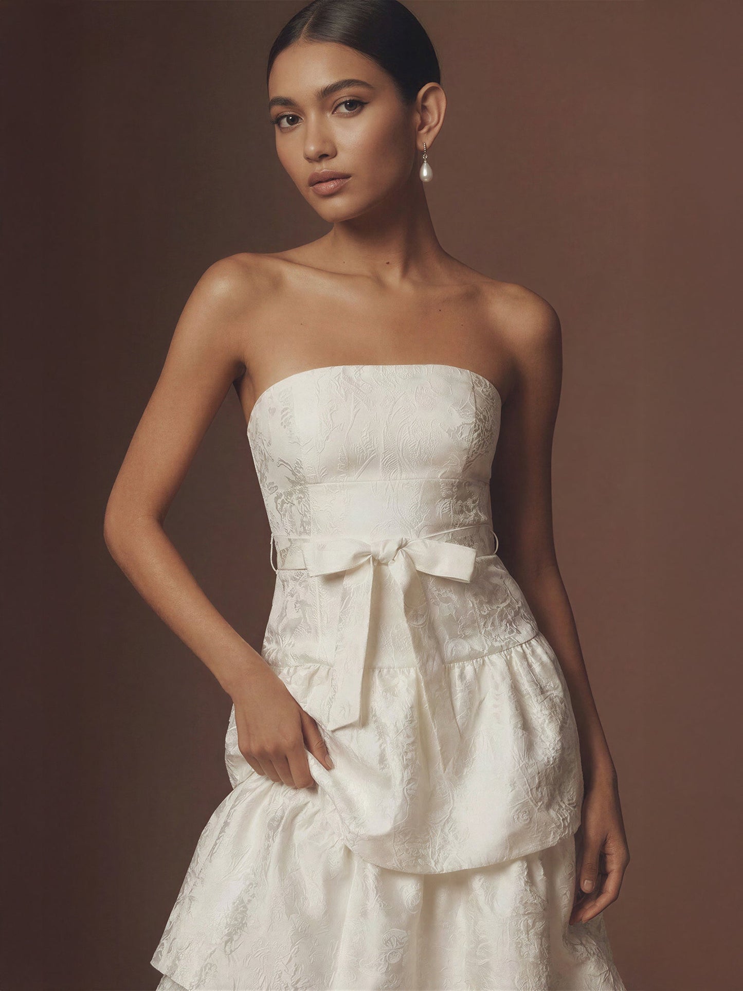 Strapless Tube Waist Tie Tiered Midi Dress