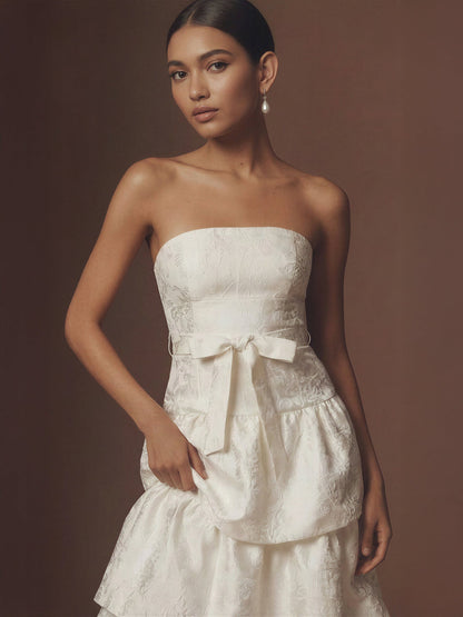 Strapless Tube Waist Tie Tiered Midi Dress