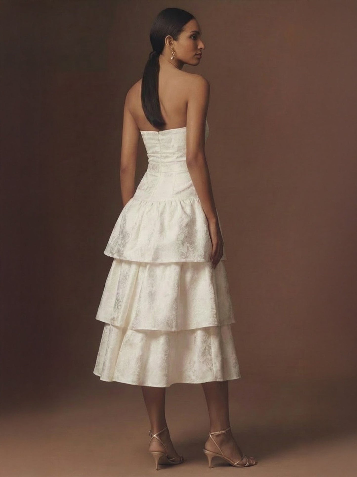 Strapless Tube Waist Tie Tiered Midi Dress