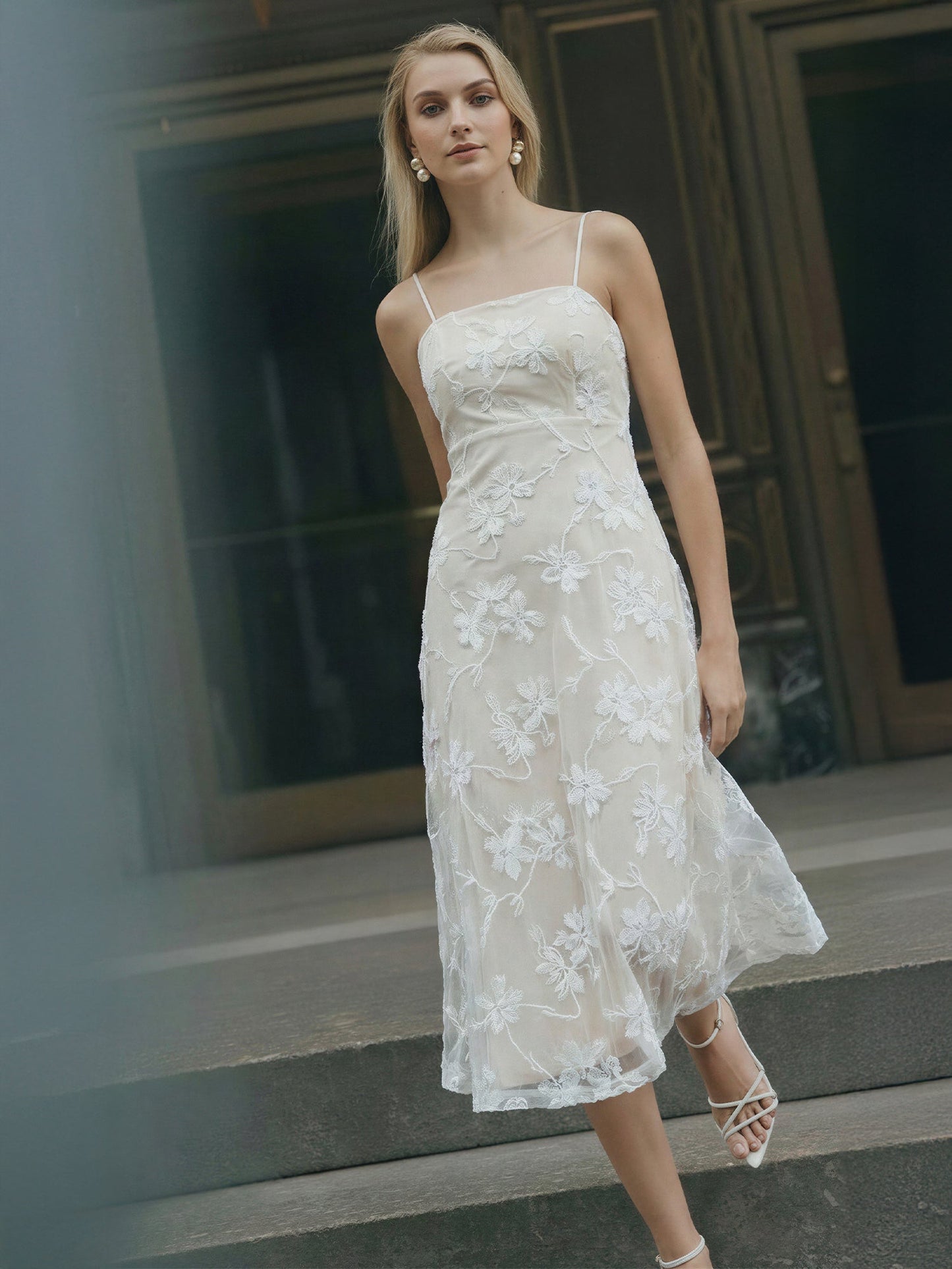 Square Neck 3D Floral Midi Dress