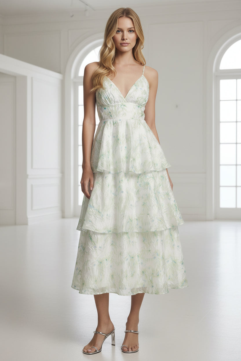 V Neck Floral Tiered Midi Dress