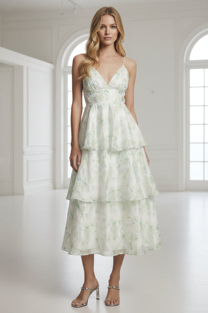 V Neck Floral Tiered Midi Dress