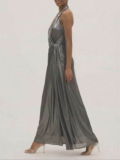 Wrap Front Halter Neck Metallic Gown