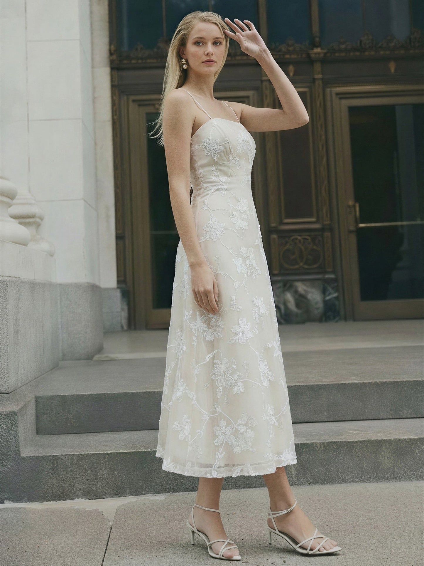 Square Neck 3D Floral Midi Dress