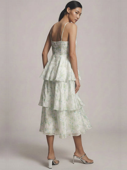 V Neck Floral Tiered Midi Dress
