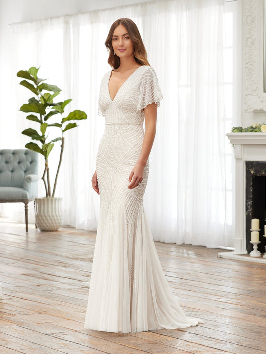 All-over Beaded V-neck Fitted Flutter Sleeve Bridal Gown
