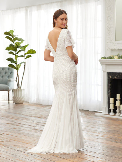 All-over Beaded V-neck Fitted Flutter Sleeve Bridal Gown