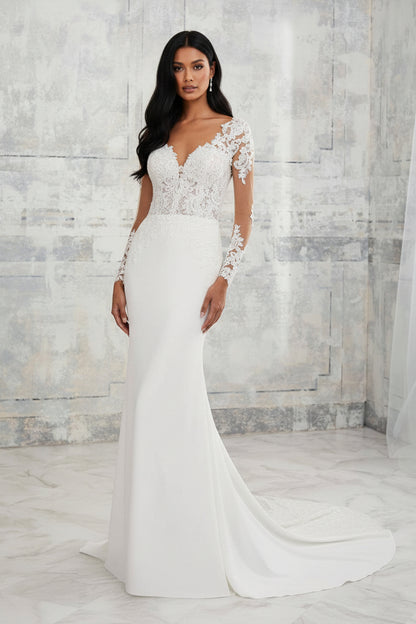 Luxury Lace Panel Mermaid Wedding Dress | Long Sleeve Train Bridal Gown