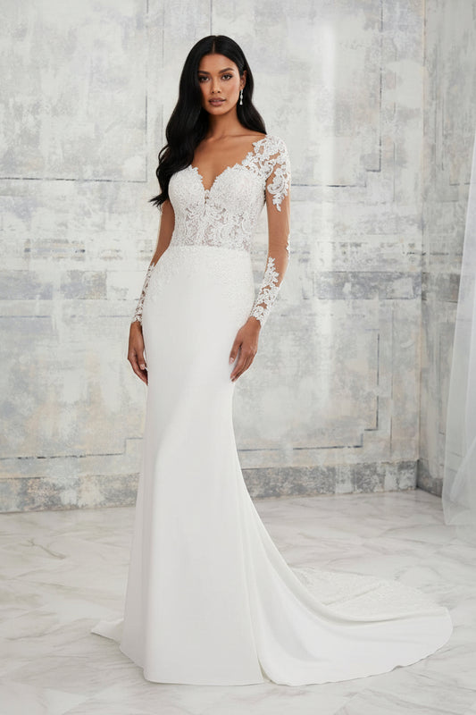 Luxury Lace Panel Mermaid Wedding Dress | Long Sleeve Train Bridal Gown