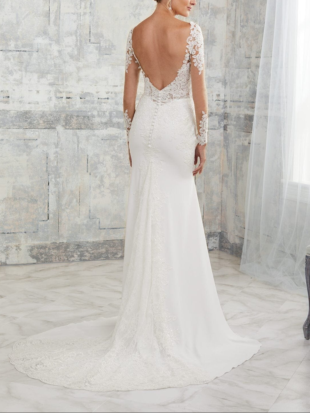 Luxury Lace Panel Mermaid Wedding Dress | Long Sleeve Train Bridal Gown