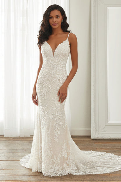 Sexy Deep V-Neck All-Lace Mermaid Gown | Minimalist Bridal Dress