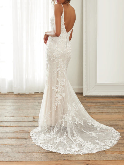 Sexy Deep V-Neck All-Lace Mermaid Gown | Minimalist Bridal Dress